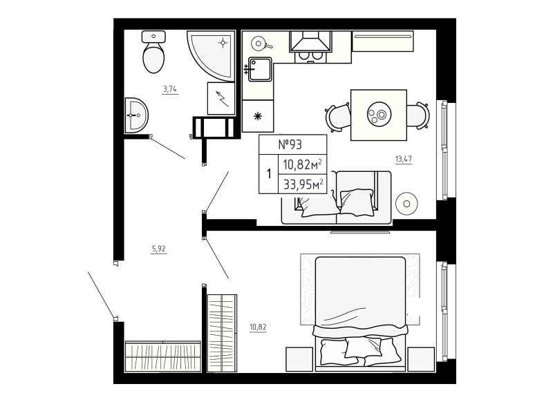 1-комнатная квартира, 33.95 м² в ЖК "Аннино Сити" - планировка, фото №1