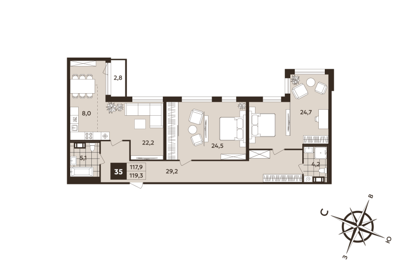 3-комнатная (Евро) квартира, 117.9 м² в ЖК "Дом на Бронницкой" - планировка, фото №1