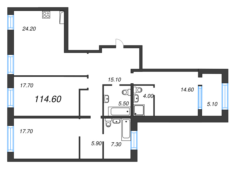 4-комнатная (Евро) квартира, 114.6 м² в ЖК "ЛДМ" - планировка, фото №1
