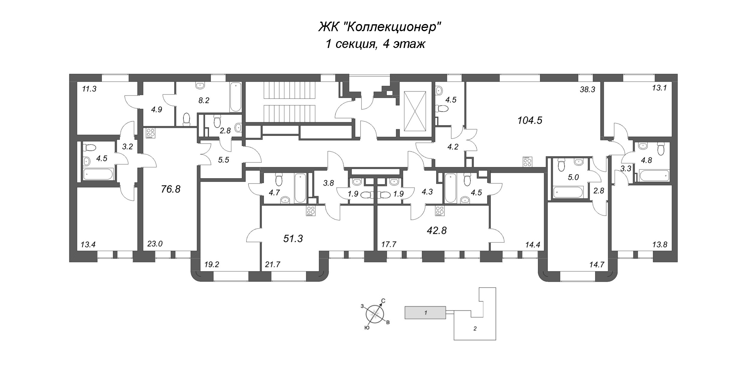 3-комнатная (Евро) квартира, 76.8 м² в ЖК "Коллекционер" - планировка этажа