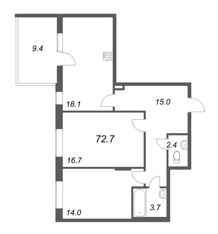 3-комнатная (Евро) квартира, 72.7 м² - планировка, фото №1