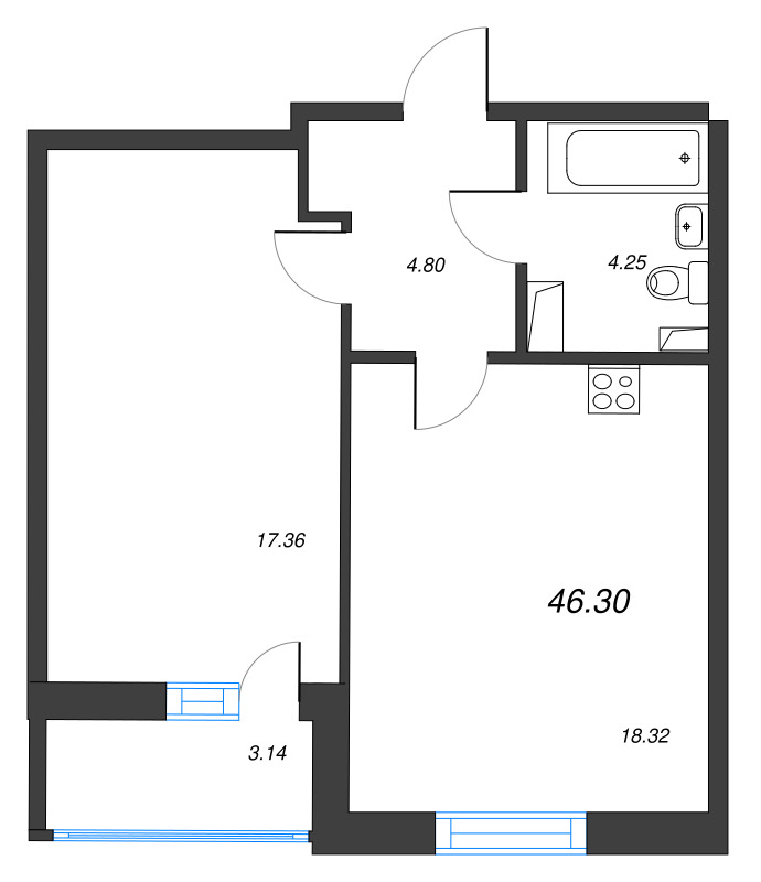 2-комнатная (Евро) квартира, 46.3 м² - планировка, фото №1