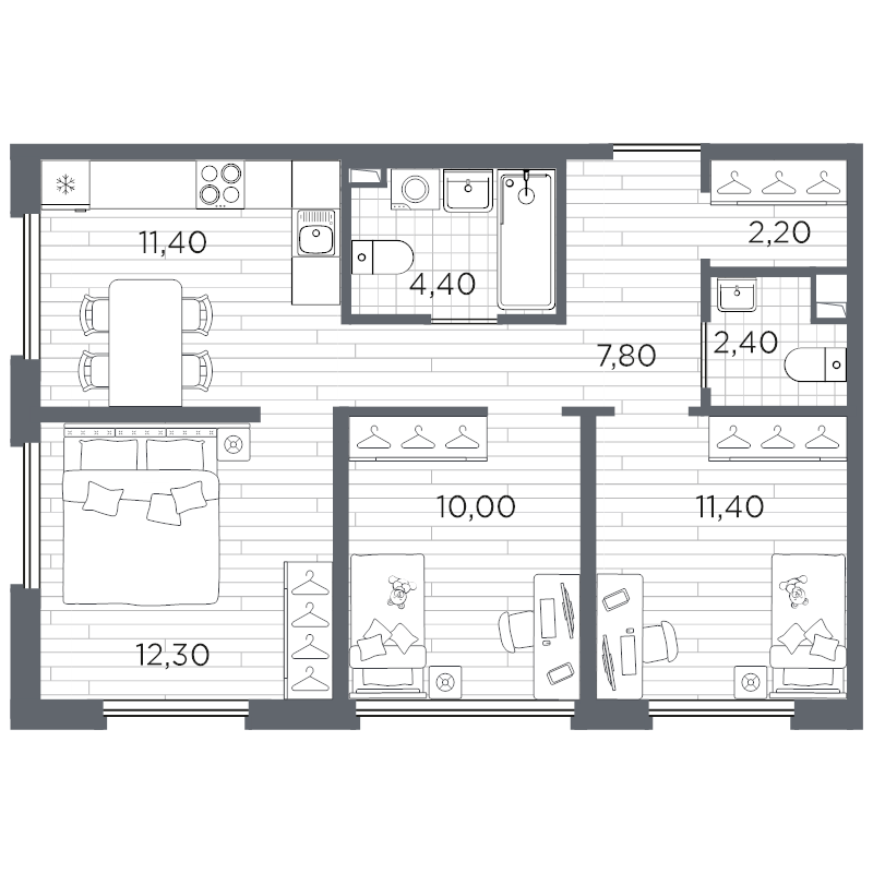 3-комнатная квартира, 61.9 м² в ЖК "Плюс Пулковский" - планировка, фото №1