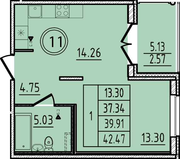 1-комнатная квартира, 37.34 м² в ЖК "Образцовый квартал 14" - планировка, фото №1