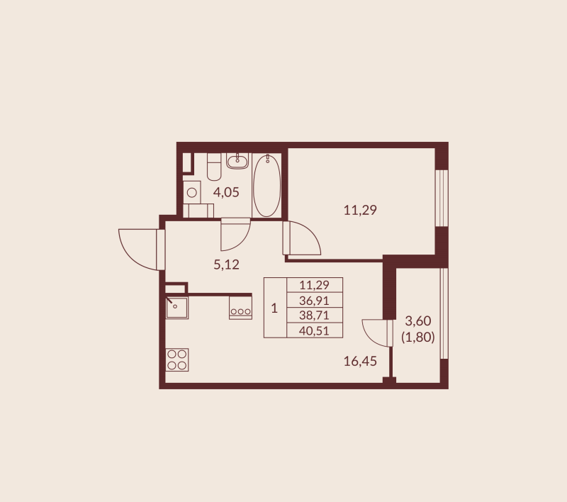 2-комнатная (Евро) квартира, 38.71 м² в ЖК "Амурино" - планировка, фото №1