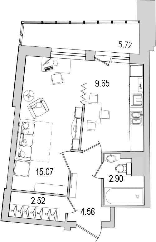 1-комнатная квартира, 40.2 м² в ЖК "Байрон" - планировка, фото №1