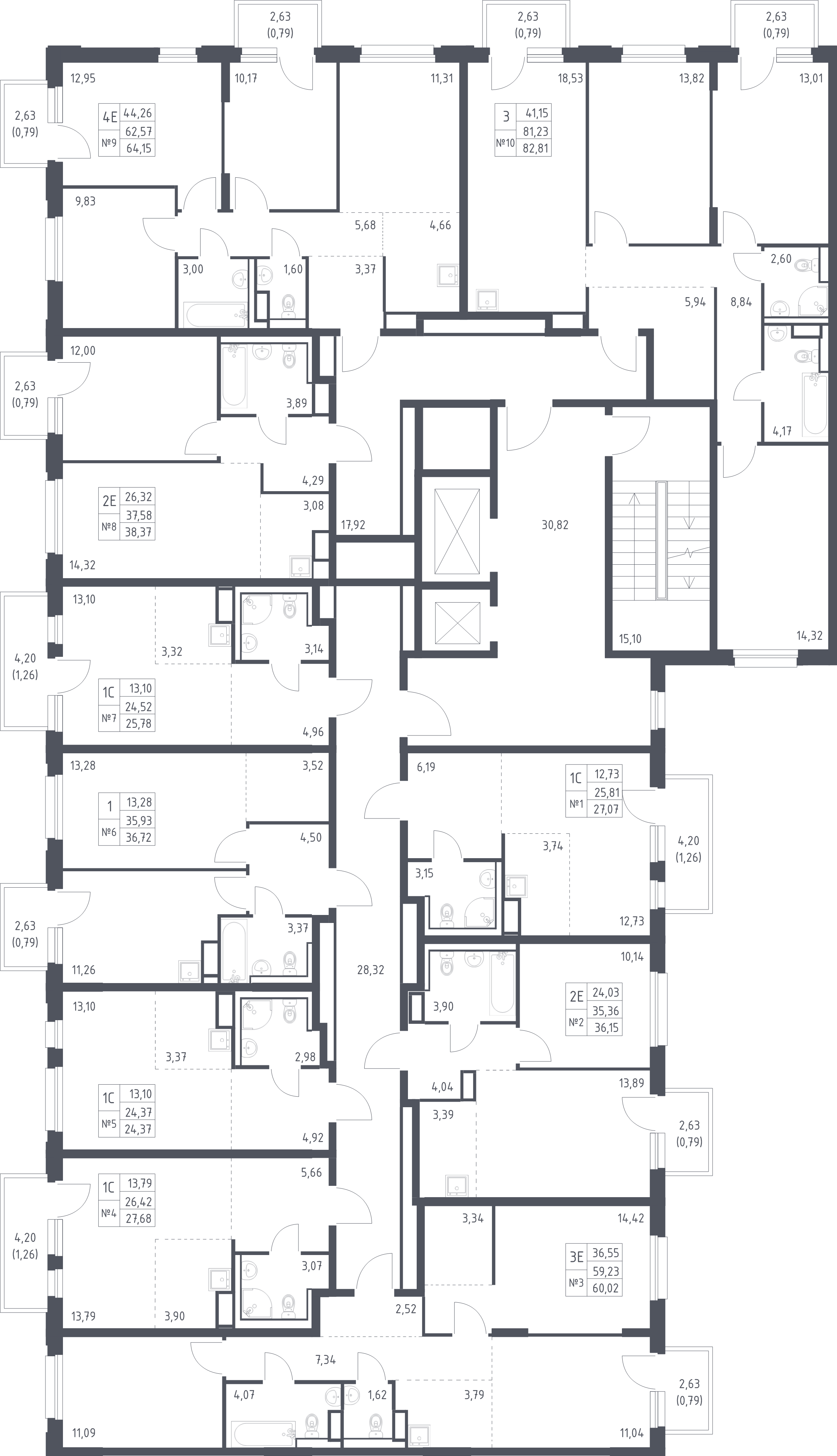 4-комнатная (Евро) квартира, 64.15 м² - планировка этажа