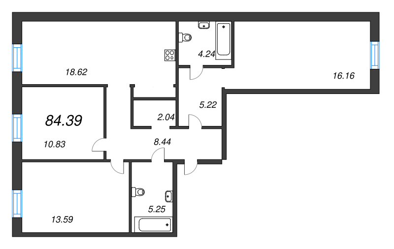 4-комнатная (Евро) квартира, 84.39 м² - планировка, фото №1