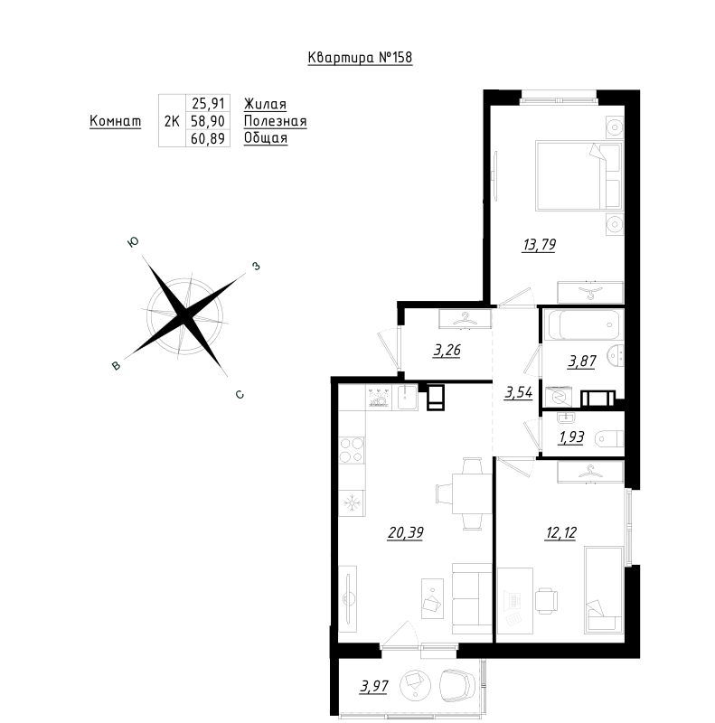 3-комнатная (Евро) квартира, 60.89 м² - планировка, фото №1