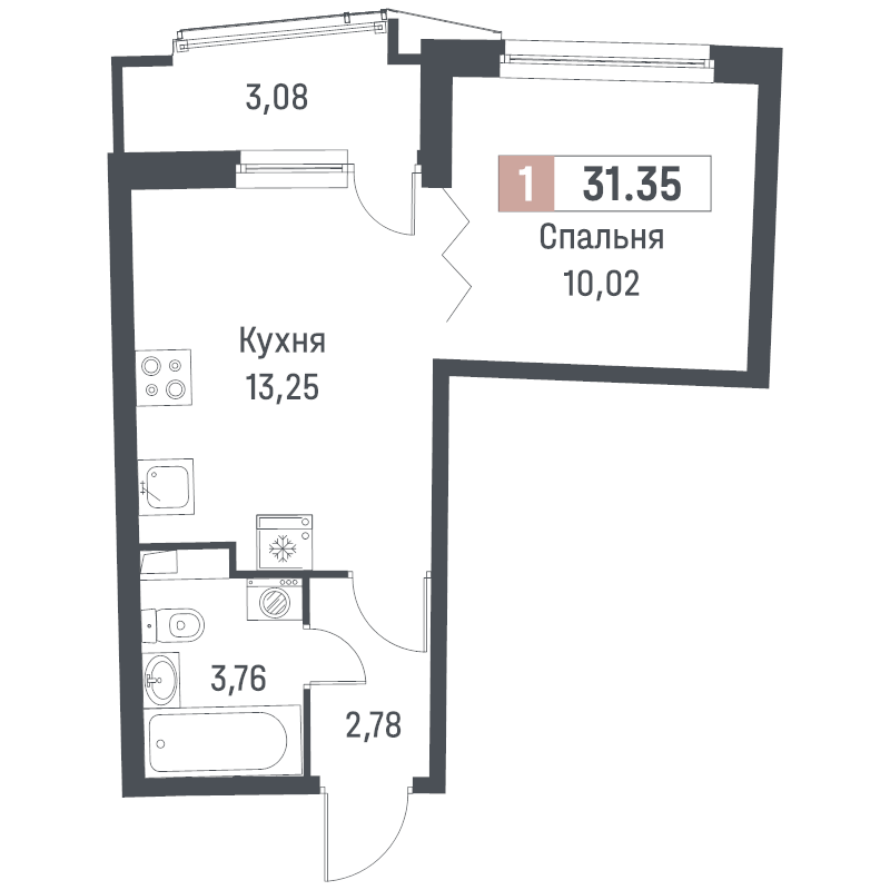 1-комнатная квартира, 31.35 м² - планировка, фото №1