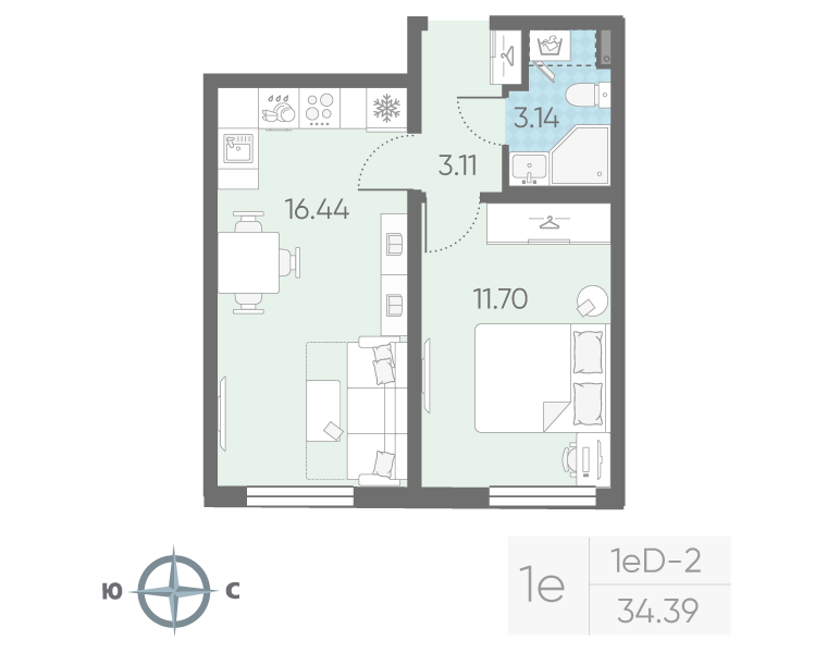 2-комнатная (Евро) квартира, 34.39 м² в ЖК "Морская миля" - планировка, фото №1
