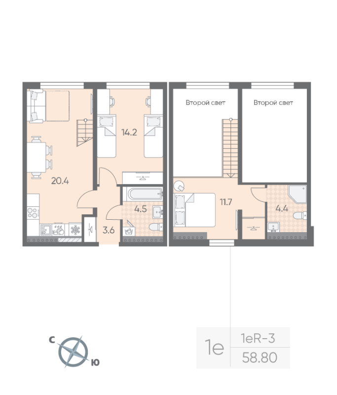3-комнатная (Евро) квартира, 58.8 м² в ЖК "Пулково Лейк" - планировка, фото №1
