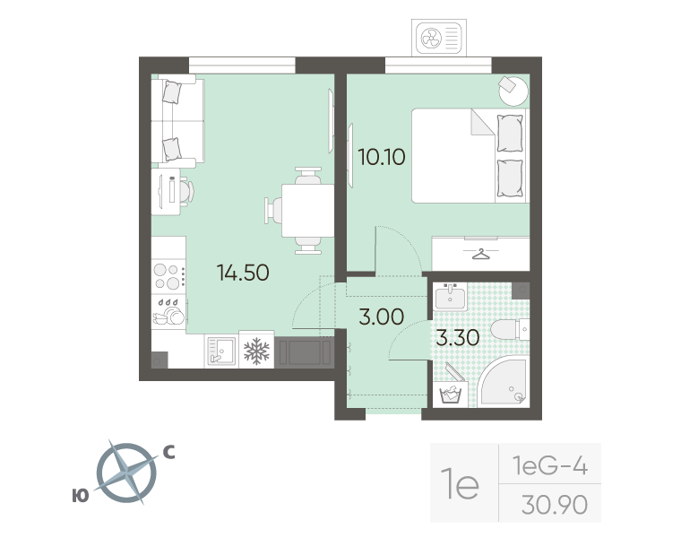 1-комнатная квартира, 30.9 м² в ЖК "Ручьи" - планировка, фото №1