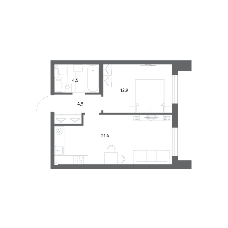 2-комнатная (Евро) квартира, 43.3 м² в ЖК "Парусная 1" - планировка, фото №1