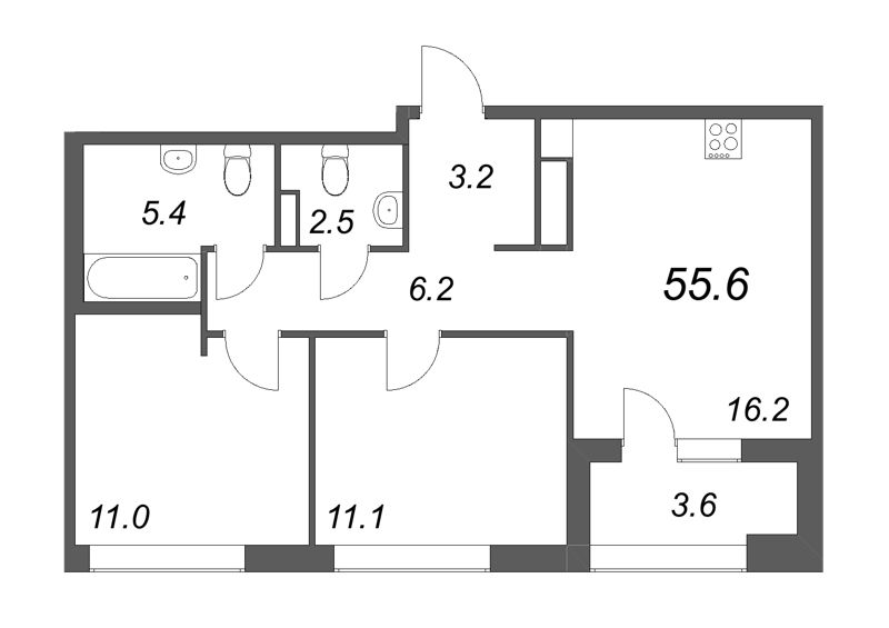 2-комнатная квартира, 55.6 м² - планировка, фото №1
