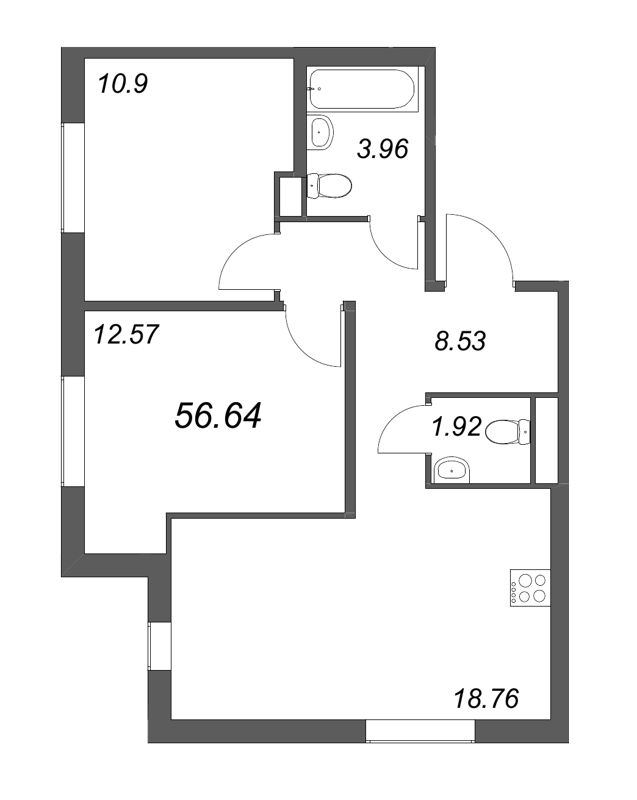 3-комнатная (Евро) квартира, 56.64 м² - планировка, фото №1