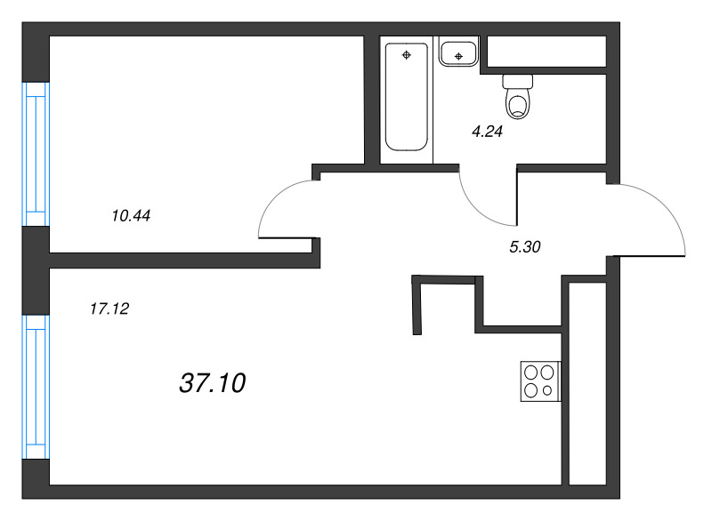 2-комнатная (Евро) квартира, 37.1 м² - планировка, фото №1