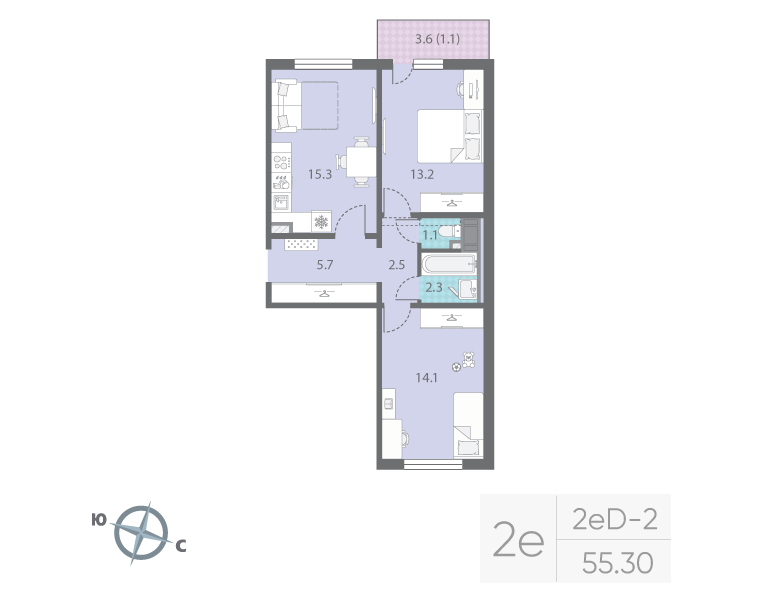 3-комнатная (Евро) квартира, 55.3 м² в ЖК "Цветной город" - планировка, фото №1