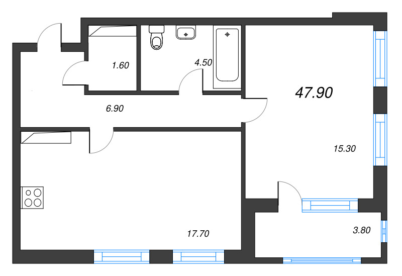 2-комнатная (Евро) квартира, 48.2 м² в ЖК "Тайм Сквер" - планировка, фото №1