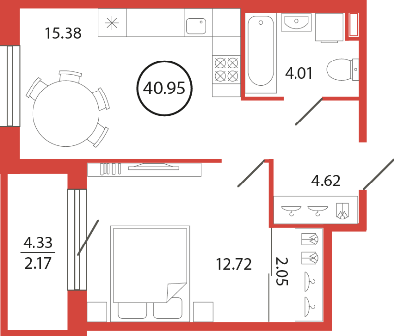 2-комнатная (Евро) квартира, 40.95 м² в ЖК "Энфилд" - планировка, фото №1