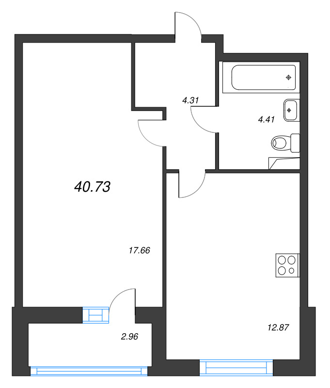 1-комнатная квартира, 40.73 м² - планировка, фото №1