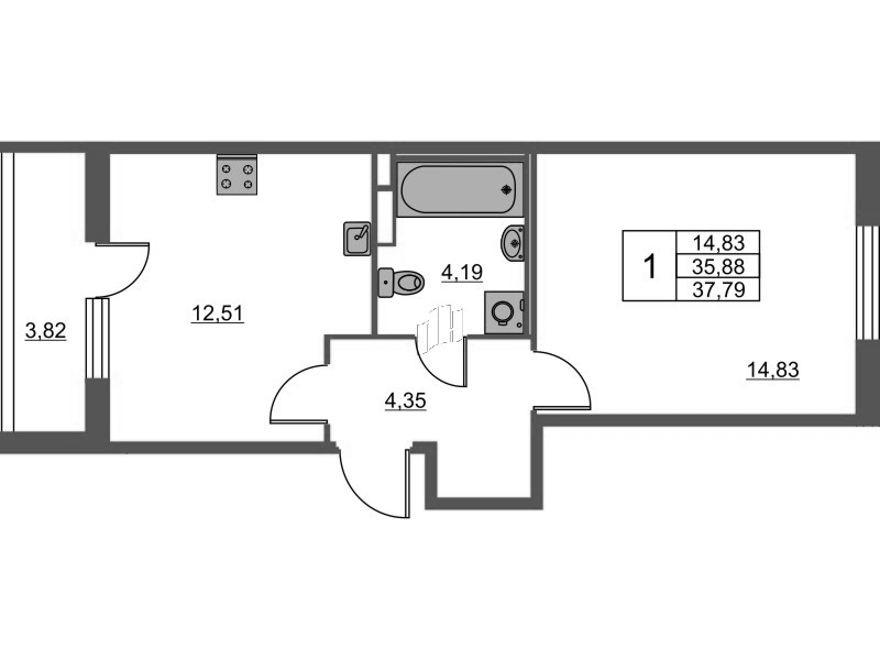1-комнатная квартира, 37.79 м² - планировка, фото №1