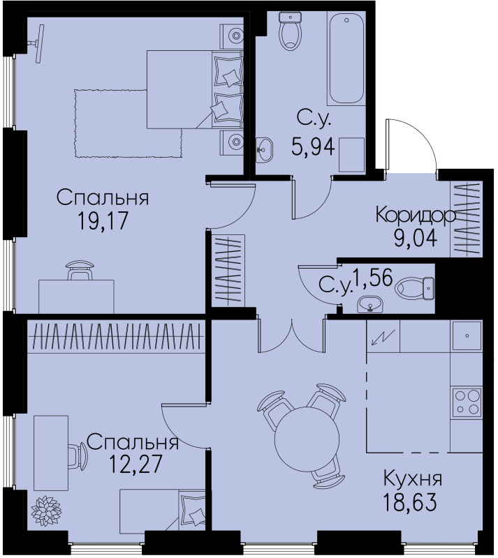 3-комнатная (Евро) квартира, 66.61 м² - планировка, фото №1