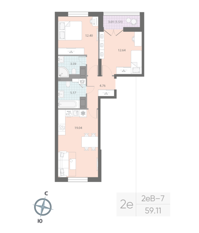3-комнатная (Евро) квартира, 59.11 м² в ЖК "Цивилизация на неве" - планировка, фото №1