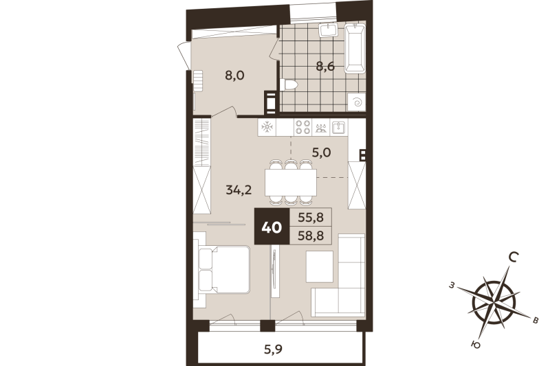 Квартира-студия, 55.8 м² в ЖК "Дом на Бронницкой" - планировка, фото №1