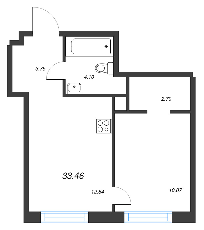 1-комнатная квартира, 33.46 м² - планировка, фото №1