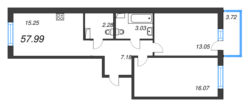 3-комнатная (Евро) квартира, 57.99 м² в ЖК "Окла" - планировка, фото №1