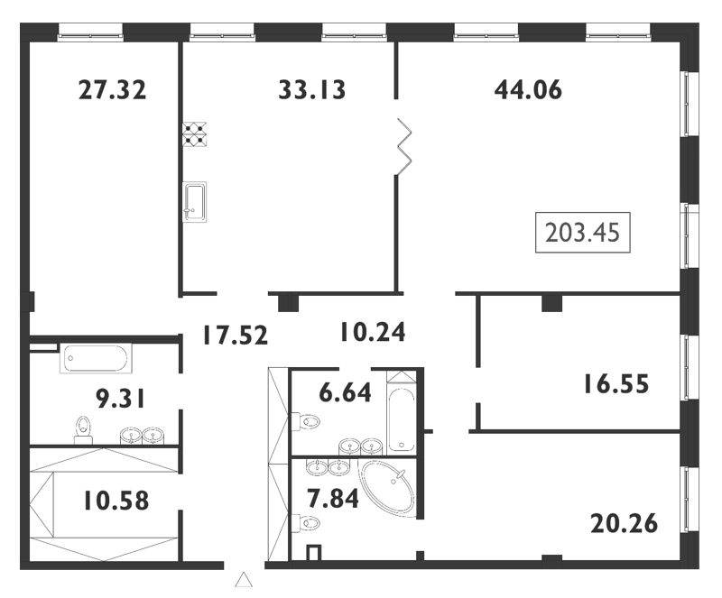 5-комнатная (Евро) квартира, 203.6 м² - планировка, фото №1