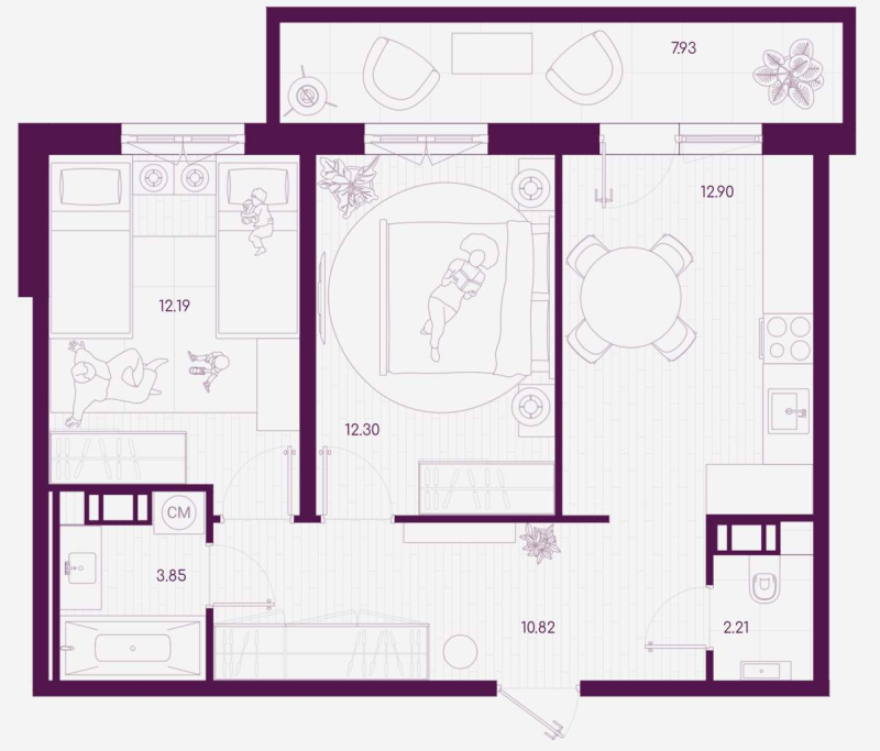 2-комнатная квартира, 56.65 м² - планировка, фото №1