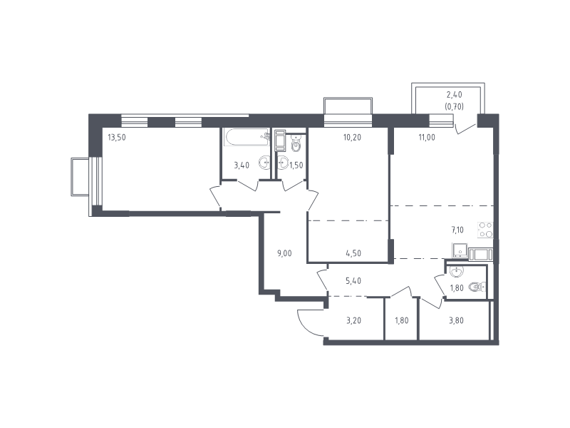 3-комнатная (Евро) квартира, 76.9 м² - планировка, фото №1