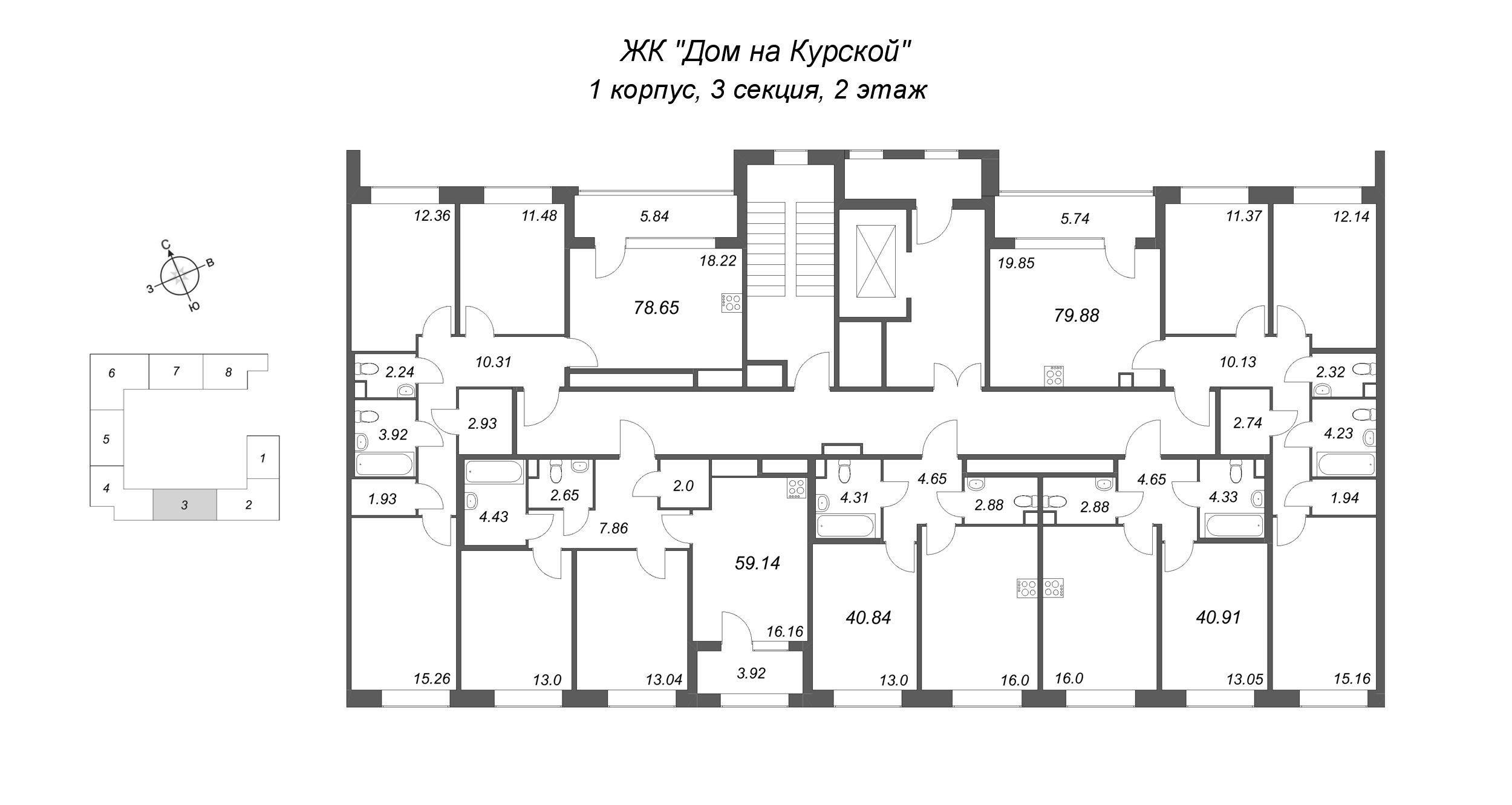 2-комнатная (Евро) квартира, 40.84 м² в ЖК "Дом на Курской" - планировка этажа