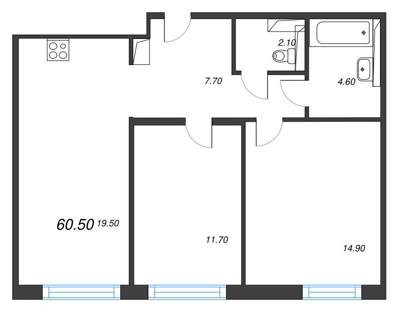3-комнатная (Евро) квартира, 60.5 м² в ЖК "Руднева 15" - планировка, фото №1