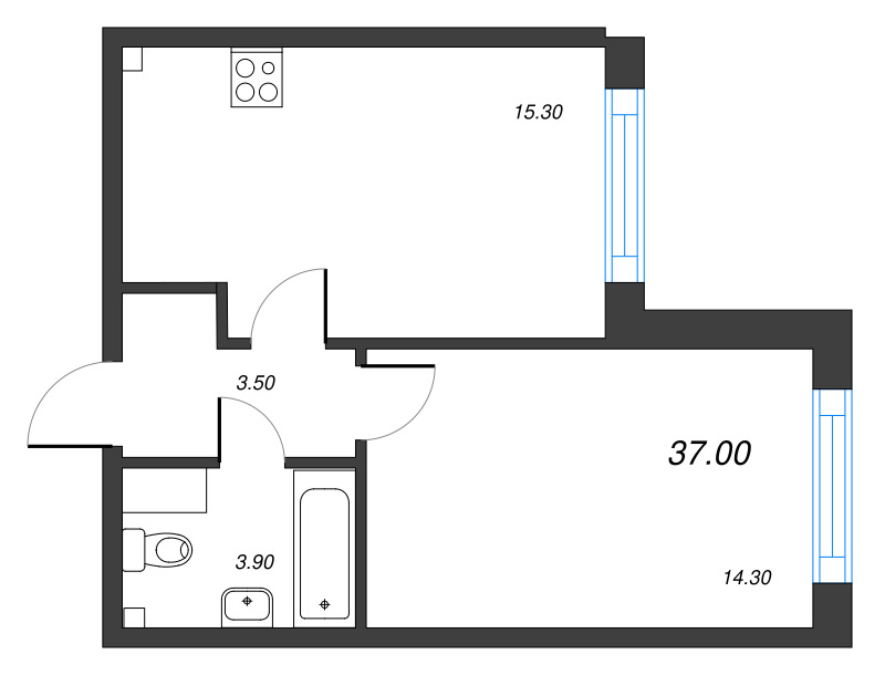 2-комнатная (Евро) квартира, 37 м² в ЖК "Измайловский" - планировка, фото №1