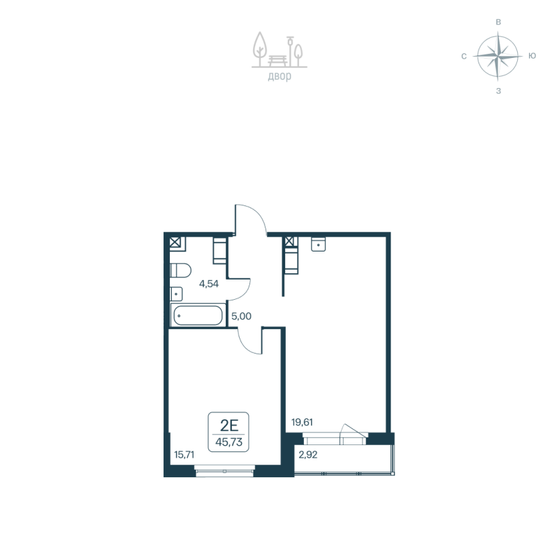 2-комнатная (Евро) квартира, 45.73 м² в ЖК "Расцветай в Янино" - планировка, фото №1