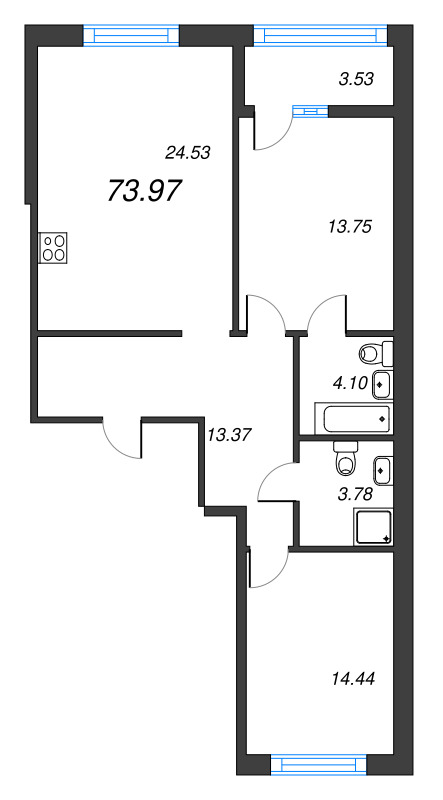 3-комнатная (Евро) квартира, 73.97 м² - планировка, фото №1