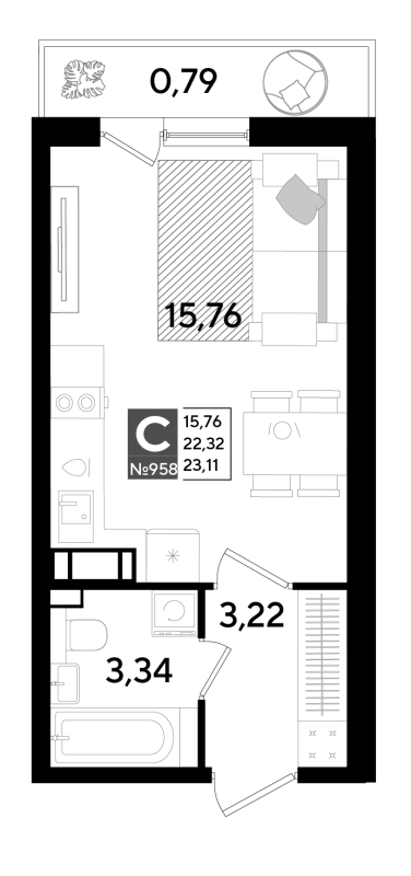 Квартира-студия, 23.11 м² в ЖК "Догма Юкки" - планировка, фото №1
