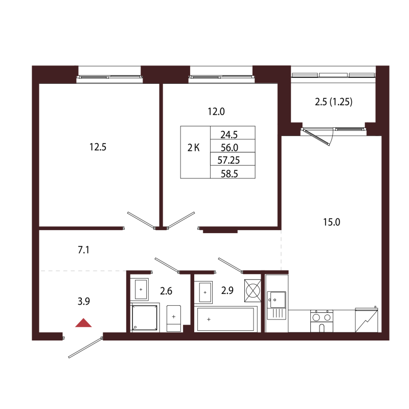 3-комнатная (Евро) квартира, 57.25 м² в ЖК "Лисино" - планировка, фото №1