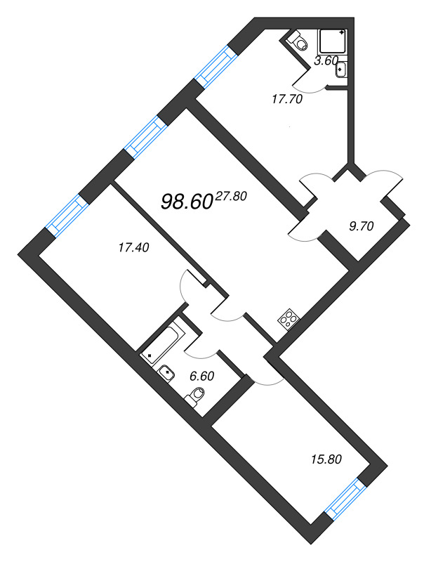 4-комнатная (Евро) квартира, 98.6 м² в ЖК "Листва" - планировка, фото №1