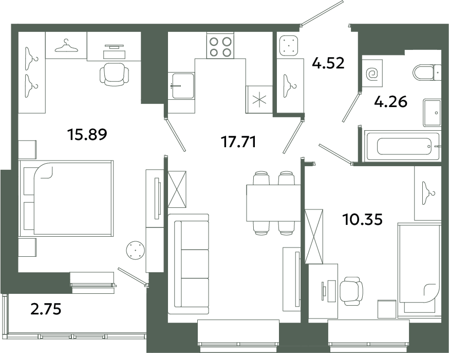 3-комнатная (Евро) квартира, 54.11 м² в ЖК "Загляденье" - планировка, фото №1