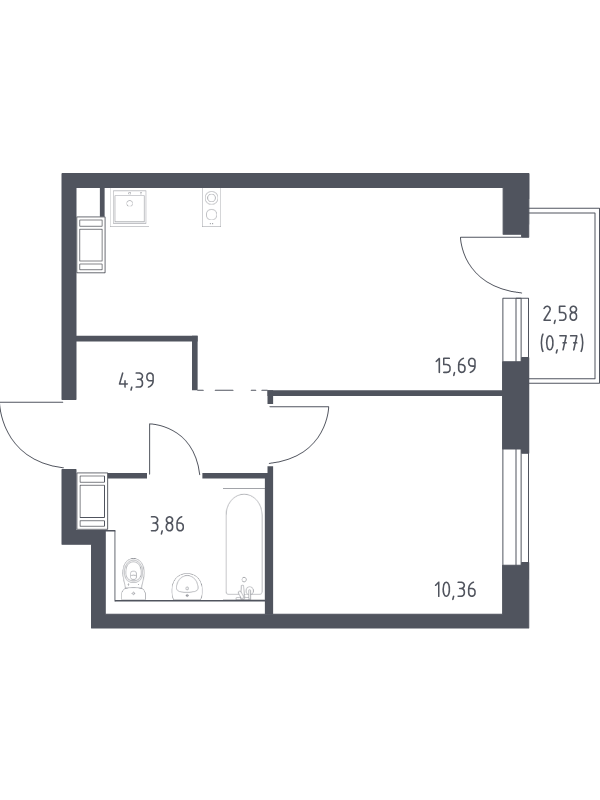 2-комнатная (Евро) квартира, 35.07 м² - планировка, фото №1