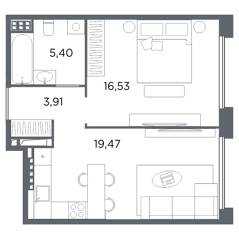 2-комнатная (Евро) квартира, 45.31 м² в ЖК "Акватория" - планировка, фото №1
