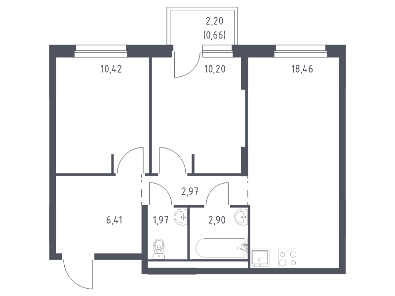 3-комнатная (Евро) квартира, 53.99 м² - планировка, фото №1