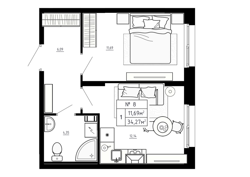 1-комнатная квартира, 34.27 м² в ЖК "Аннино Сити" - планировка, фото №1