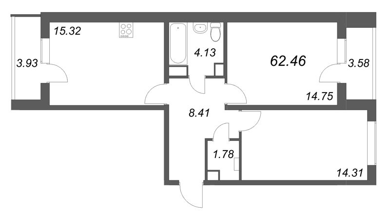 3-комнатная (Евро) квартира, 62.46 м² в ЖК "АРО" - планировка, фото №1