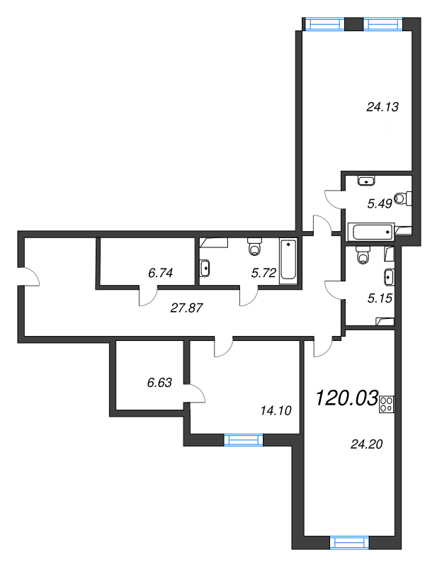 3-комнатная (Евро) квартира, 119.7 м² - планировка, фото №1