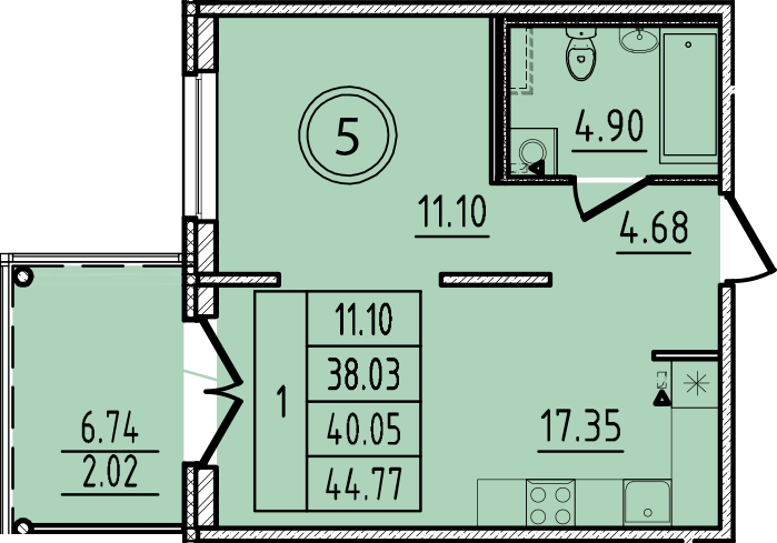 2-комнатная (Евро) квартира, 38.03 м² - планировка, фото №1